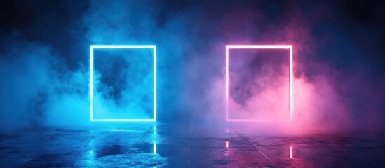 Two glowing neon frames, one blue and one pink, stand in a smoky, dark space.