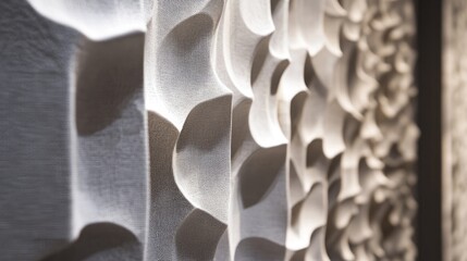 Close-up of a textured sculptural wall installation, showcasing layered materials and intricate designs, creating a sense of depth in a minimalist interior setting.