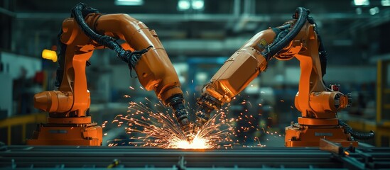 Two orange robotic arms welding metal with sparks flying.