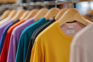 Colorful t-shirts displayed on hangers in a retail setting.