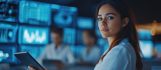 Wall Mural - a confident businesswoman stands in front of a wall of screens displaying data, holding a tablet.