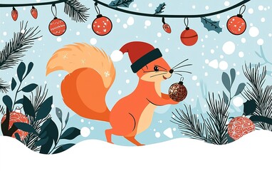 A cheerful squirrel in a festive hat carries a shiny ornament through a snowy winter landscape adorned with holiday decorations