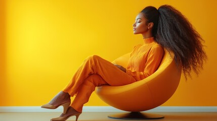 Canvas Print - A woman in orange attire sits gracefully in a vibrant chair.