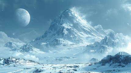 Poster - Snowy Mountain Peak Landscape with a Distant Moon