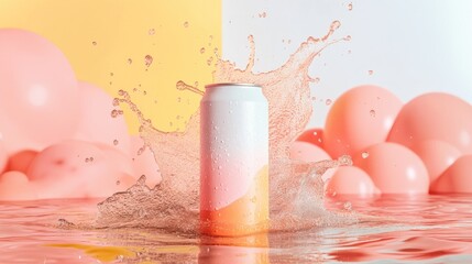 Wall Mural - A drink can surrounded by splashing liquid, placed on a pastel-colored backdrop, capturing a refreshing