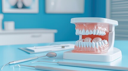 Dental model with teeth, dental tools, in a modern clinic setting.