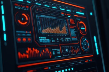 Futuristic control panel with vibrant graphs and data displays, dark tone.