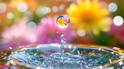 A mesmerizing water droplet capturing a rainbow of colors, creating a stunning display of natural light and refraction.