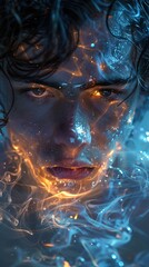 Poster - Glowing Portrait: A Mystical Face with Light and Smoke