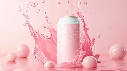 Poster - A mockup of a drink can with a dynamic liquid splash on a pastel background, creating a vibrant and energetic product display.