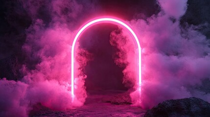 Sticker - A pink neon laser arch with soft smoke floating through the air, creating a futuristic and mystical setting in a dark space.