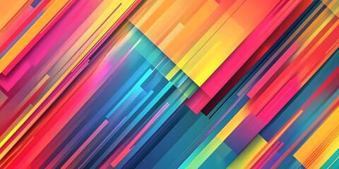 Abstract geometric background with diagonal stripes of yellow, orange, pink, and blue.
