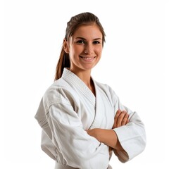 Confident female martial artist in traditional white karate gi standing with arms crossed