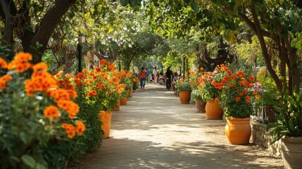 Canvas Print - A serene path lined with orange flowers in vases, where a group of people walk peacefully, enjoying the natural beauty around them.