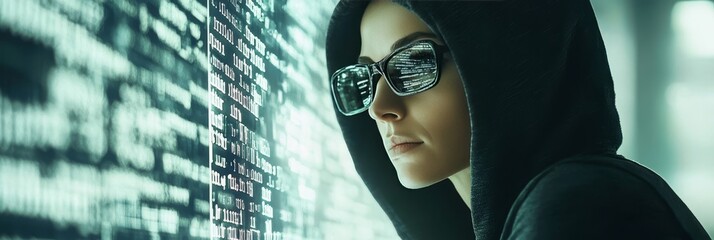 Wall Mural - female hacker in hoodie and mirrored glasses coding on laptop in dark room, cybersecurity concept