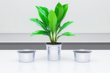 A vibrant green plant in a shiny silver pot between two empty pots on a white surface.