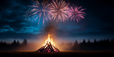 a burning fire over which there are colorful beautiful fireworks against the background of a dark forest