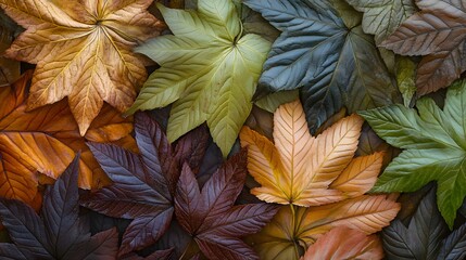 Wall Mural - A close-up of autumn leaves in various colors, showcasing the rich textures and intricate patterns that symbolize fall's beauty