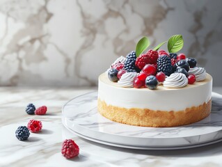 Berry cake on a white plate with marble background.