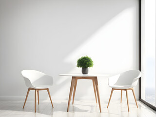 Two chairs and table in bright modern interior with white wall. 3d rendering