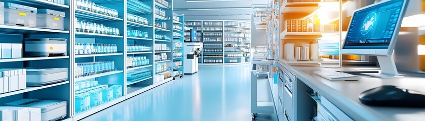 Poster - Modern Laboratory with Computer and Storage Shelves.