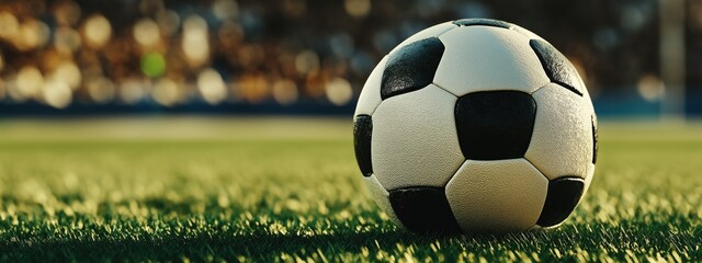 Close-up of soccer ball on green field with blurred stadium background. World football day concept