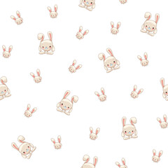 Cute rabbit character. Seamless pattern. Kawaii cartoon hare. Vector drawing. Design ornaments.