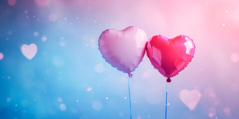 Two heart-shaped balloons, one pink and one red, floating against a dreamy blue and pink gradient background with soft bokeh