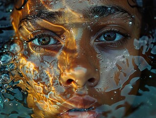 Canvas Print - Close Up Underwater Portrait of a Person's Face with Water Drops