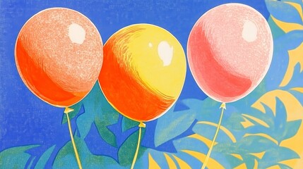 A vibrant retro-style illustration featuring three balloons in shades of pink, orange, and red set against a contrasting backdrop of stylized blue and green foliage.