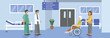 © Hayclaw Here - Doctor meet patient in the hallway. Doctor walking with nurse. Hospital direction sigh. Grandma in wheelchair. Patient check up in the hospital. Clinic corridor illustration. Nursing care.