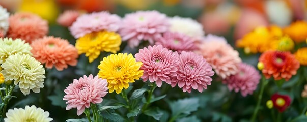 Wall Mural - A beautiful display of pastel chrysanthemum flowers in a garden