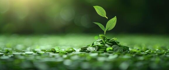 A small plant is growing on top of a pile of green leaves