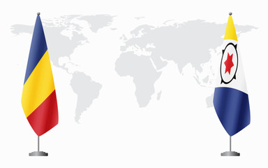 Romania and Bonaire flags for official meeting against background of world map.