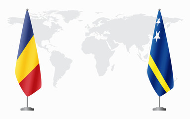 Romania and Curacao flags for official meeting against background of world map.