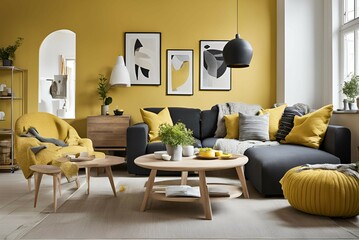 Interior design of Scandinavian Living room in yellow tone