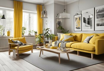 Interior design of Scandinavian Living room in yellow tone