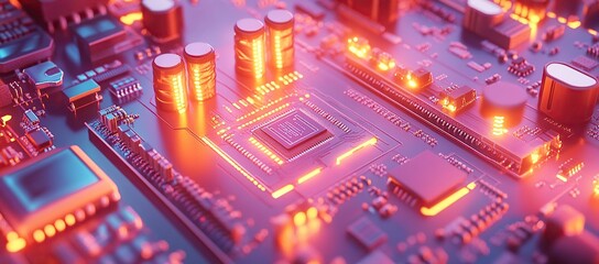 Wall Mural - illustration of an isometric aerial view of a circuit board with glowing components and bright light bulbs