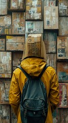 Canvas Print - Person in Yellow Jacket with Cardboard Box on Head in Urban Setting