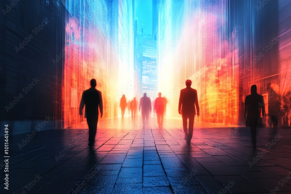 Silhouetted figures traverse a futuristic digital corridor bathed in ...