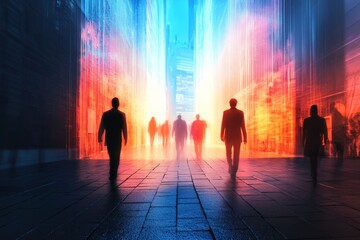silhouetted figures traverse a futuristic digital corridor bathed in neon red and blue, symbolizing 