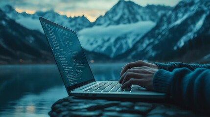 A person coding on a laptop by a serene lake, surrounded by majestic mountains and a tranquil atmosphere, showcasing nature and technology.