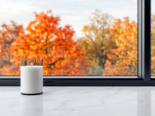 Canvas Print - Burning candle illuminating empty table with autumn view