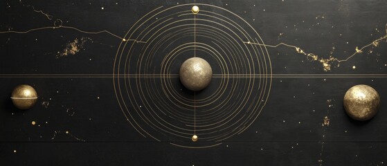 A gold and black abstract design with three spheres in the center