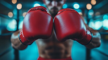 A boxer wearing red boxing gloves, standing in a fighting stance with focus on the gloves and blurred background