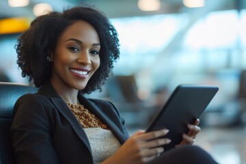 A stylish woman seated in an airport terminal is captured looking at a digital device, exuding confidence and style in a dynamic travel environment.