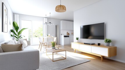 A small apartment living room with a compact TV setup, cozy furniture, and simple decor, maximizing space for entertainment.