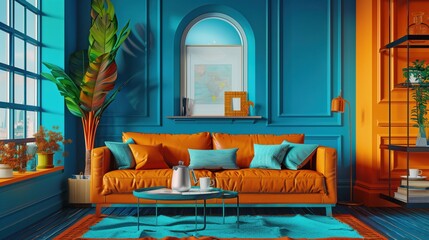 A stylish living room with vibrant orange and blue decor, creating a cozy yet energetic atmosphere for relaxation.