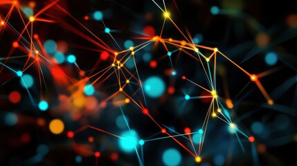 Abstract digital artwork with glowing neon lines and dots representing data flow and global connectivity, set against a dark background.