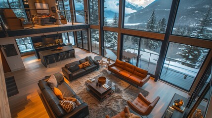 Sticker - A photo of a modern luxury home in the mountains with large windows overlooking a snow covered valley during winter time.